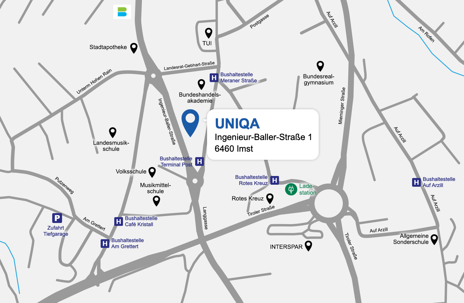 Eine detaillierte gezeichnete Karte der UNIQA Generalagentur Inel